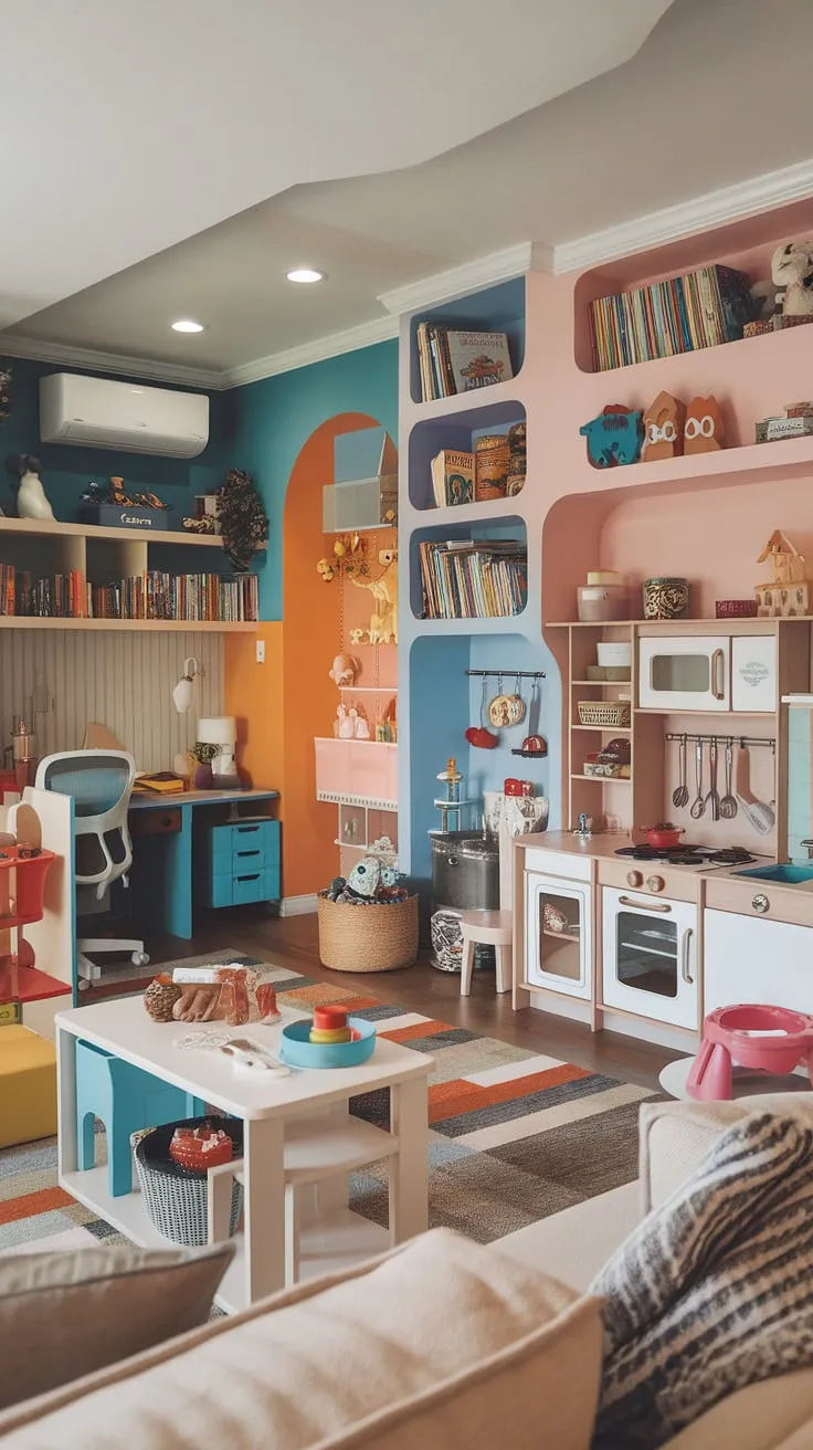 This living room's transformation into a vibrant playroom is pure playroom inspiration for kids!  Clever playroom built-ins maximize space, creating a dedicated small kids play area, a cozy kids reading nook, and even a functional home office and playroom combo.  The colorful playroom ideas and thoughtful playroom layout seamlessly blend learning and play, turning this space into a library playroom where imagination thrives.