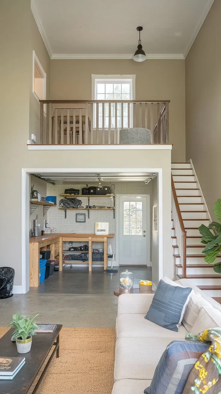 This stunning garage loft apartment is a testament to creative garage renovation. The living room quarter garage design seamlessly blends comfortable living with practical workshop space. The concrete floor, high ceilings, and beige walls create a modern aesthetic. Storage shelves and a workbench are neatly integrated into the quarter garage, while a staircase leads to the loft apartment above. This successful project demonstrates the possibilities of garage plans and carriage house plans, showcasing how a carriage house garage can be transformed into a functional garage guest house. The addition of a porte cochere would complete the elegant design.