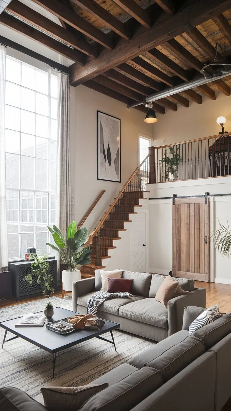 Rustic charm meets modern living in this quarter garage loft apartment. The open living room, exposed beams, and glimpse of the garage space showcase the potential of clever garage plans and garage renovations. A carriage house garage or even a garage guest house could offer similar stunning results.