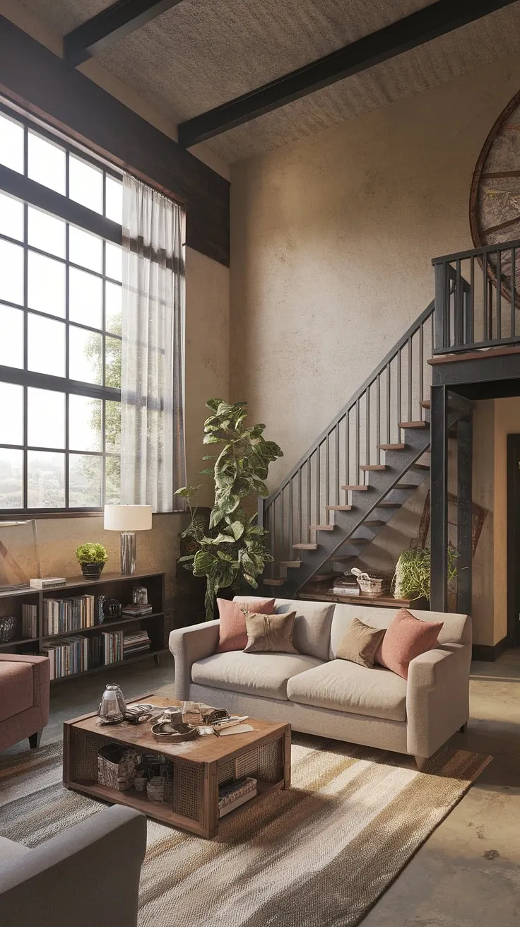 This living room quarter garage, part of a stunning garage loft apartment, proves that even a garage renovation can create breathtaking living spaces. The exposed beams and natural light highlight the rustic charm, making it the perfect blend of carriage house garage and modern comfort. Consider these garage plans and carriage house plans for your own dream garage guest house or garage addition. A porte cochere would complete the look.