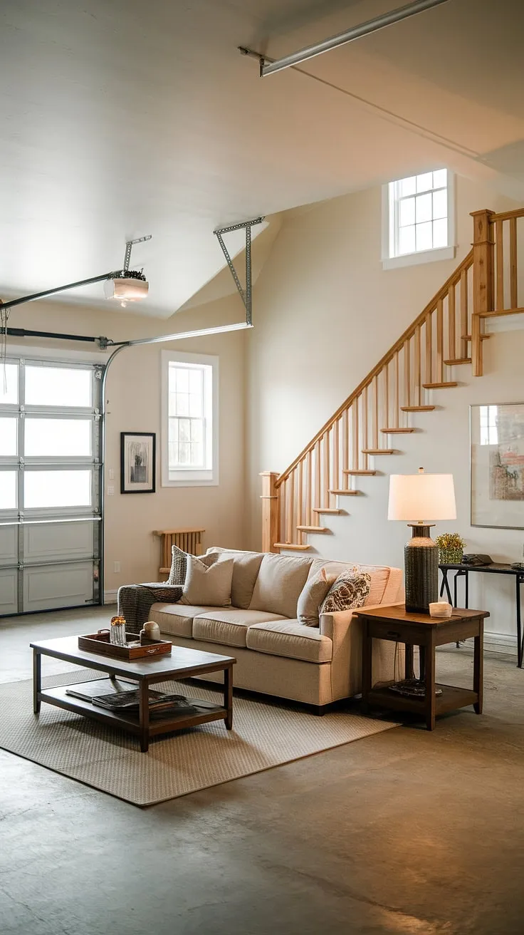 This garage loft apartment's living room is a stunning example of garage renovation done right. The open plan, featuring a comfortable seating area and a view of the original garage door, showcases the potential of garage plans for creating unique living spaces. The exposed concrete floor and high ceilings are hallmarks of a successful garage addition, while the loft area, accessible via the visible staircase, adds another layer of functionality. Imagine this as a charming garage guest house or even a carriage house garage, perfectly embodying the spirit of carriage house plans. The ample natural light and airy feel make this a truly special living room quarter, a testament to the possibilities of transforming a garage into a comfortable and stylish home.