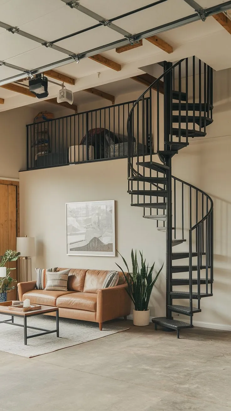 This stunning garage loft apartment, a testament to clever garage renovation, transforms a quarter garage into a cozy living room. The exposed beams and concrete floor retain industrial charm, while the spiral staircase leading to the loft adds a touch of elegance. This successful garage addition, perhaps inspired by carriage house plans or even a porte cochere design, showcases the potential of garage plans for creating extra living space. Consider this a prime example of a garage guest house or carriage house garage, expertly realized.