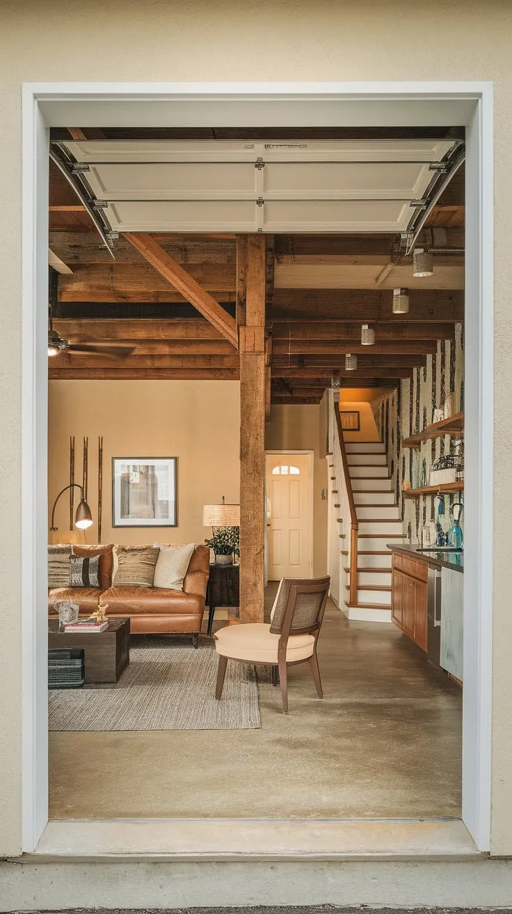 This living room quarter garage conversion is a dream come true. The garage loft apartment, accessible via a charming porte cochere, features exposed beams and a cozy kitchenette. Explore garage loft ideas and garage plans to create your own unique garage guest house. This garage renovation is a perfect example of maximizing space with a garage addition.