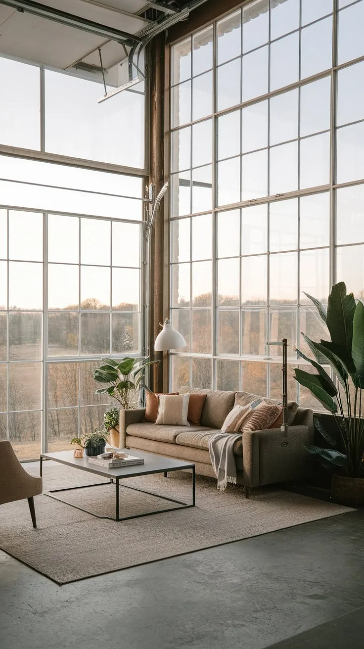 This garage loft apartment's living room is a testament to successful garage renovation. The high ceilings and large window, characteristic of smart garage plans, flood the space with natural light. The exposed concrete floor complements the minimalist furniture, creating a modern and airy feel. This unique living quarter, possibly inspired by carriage house garage or garage guest house designs, demonstrates the potential of a garage addition. The expansive glass walls offer breathtaking views, making this space feel much larger than a typical garage. While lacking a porte cochere, the overall design is a stunning example of garage loft living, showcasing the best of carriage house plans and maximizing the space within a garage conversion.