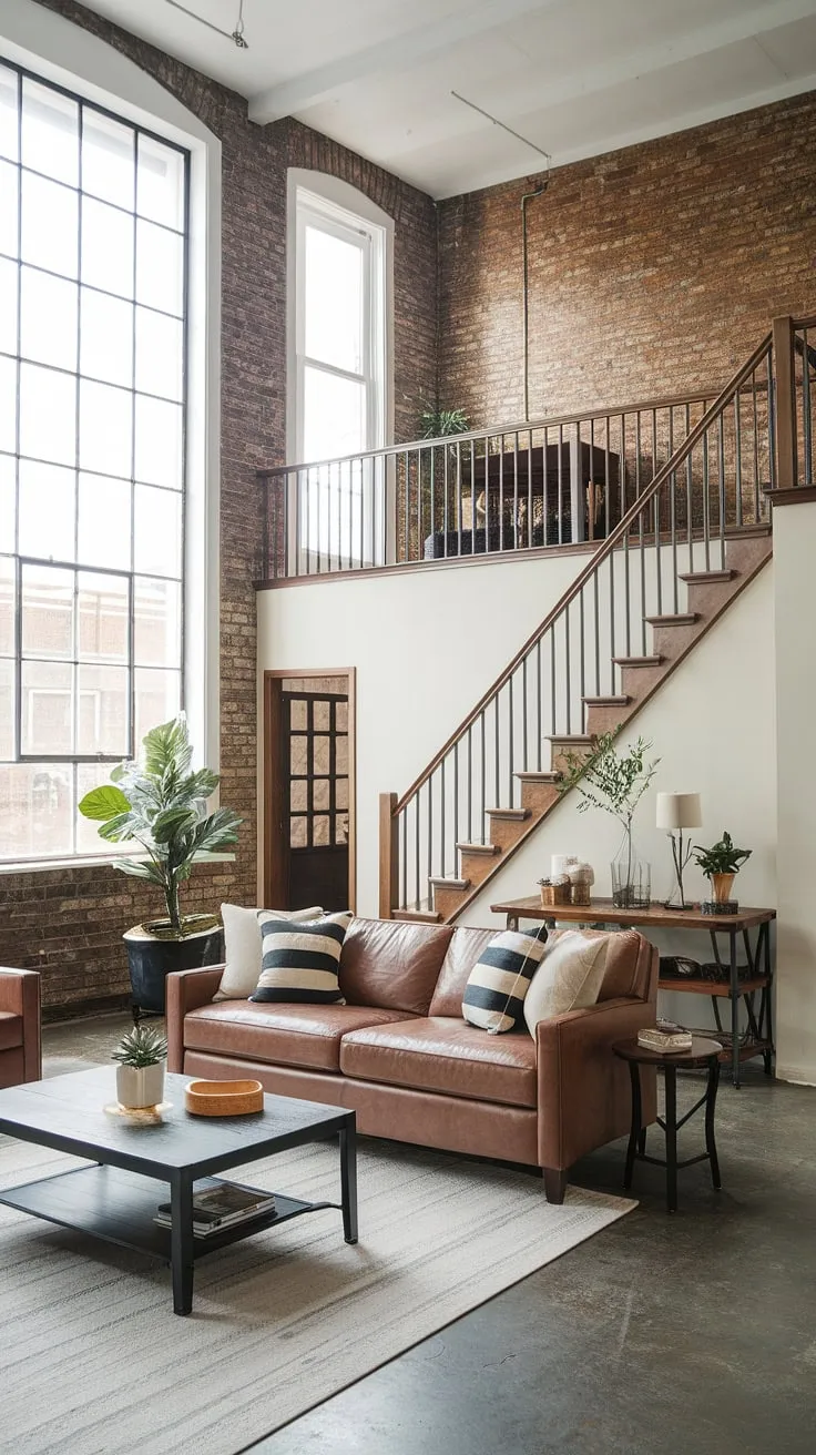 From garage to gorgeous: this garage loft living room proves that garage renovation can create breathtaking spaces.  The open layout, natural light flooding in, and the charming exposed brick walls are a testament to the potential of garage plans, whether you're considering a garage guest house or a full-scale garage addition.  This carriage house garage conversion is a dream, and the perfect example of how to maximize space with smart garage loft designs.
