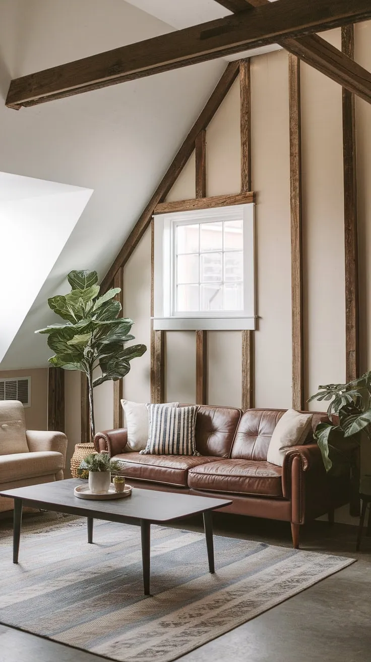 This cozy garage loft apartment, a testament to clever garage renovation, boasts a surprisingly spacious living room.  The exposed wooden beams and sloped ceiling, reminiscent of a carriage house garage, add character, while the strategically placed window maximizes natural light.  This successful garage addition proves that even a quarter garage can be transformed into a charming and functional living space, inspiring your own garage plans or carriage house plans.  The porte cochere might be missing, but the comfort certainly isn't.