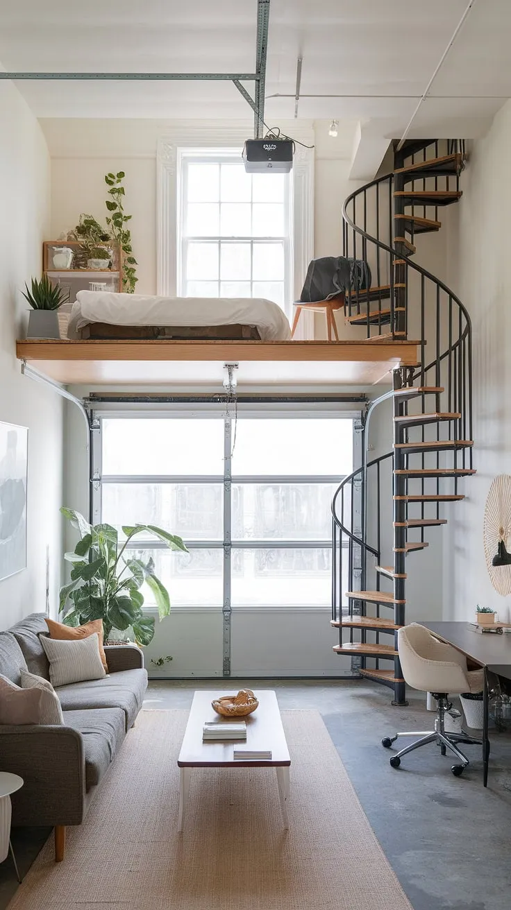 This stunning garage renovation transforms a quarter garage into a cozy and functional living room and loft apartment. The clever garage plans maximize space, creating a comfortable living room with a sofa, coffee table, and plant, while a spiral staircase leads to a loft bedroom complete with a desk and chair. The large window replacing the garage door floods the space with natural light. This inspiring garage loft apartment showcases the potential of even the smallest spaces, offering a unique alternative to traditional carriage house garage or garage guest house designs. Consider this a testament to creative garage loft ideas and the possibilities of garage addition projects. The overall design, reminiscent of a smaller carriage house plans, is both stylish and efficient. A porte cochere wouldn't be out of place with this charming conversion.