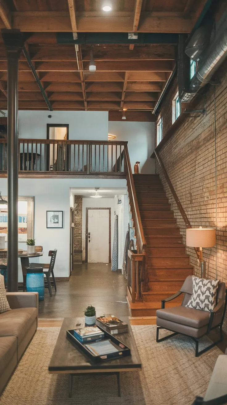 This quarter garage loft apartment boasts a surprisingly spacious living room, showcasing the successful transformation from garage to comfortable living space. The exposed brick walls and wooden ceiling maintain the industrial charm of the original garage structure, while the cozy couch and coffee table create a welcoming atmosphere. This successful garage renovation, a testament to clever garage plans and perhaps even carriage house plans inspiration, proves that even a small carriage house garage or garage guest house can be converted into a stylish and functional home. The staircase leading to the loft hints at further living space above, a feature often found in well-designed garage loft conversions and garage additions. Imagine the possibilities with similar garage plans.