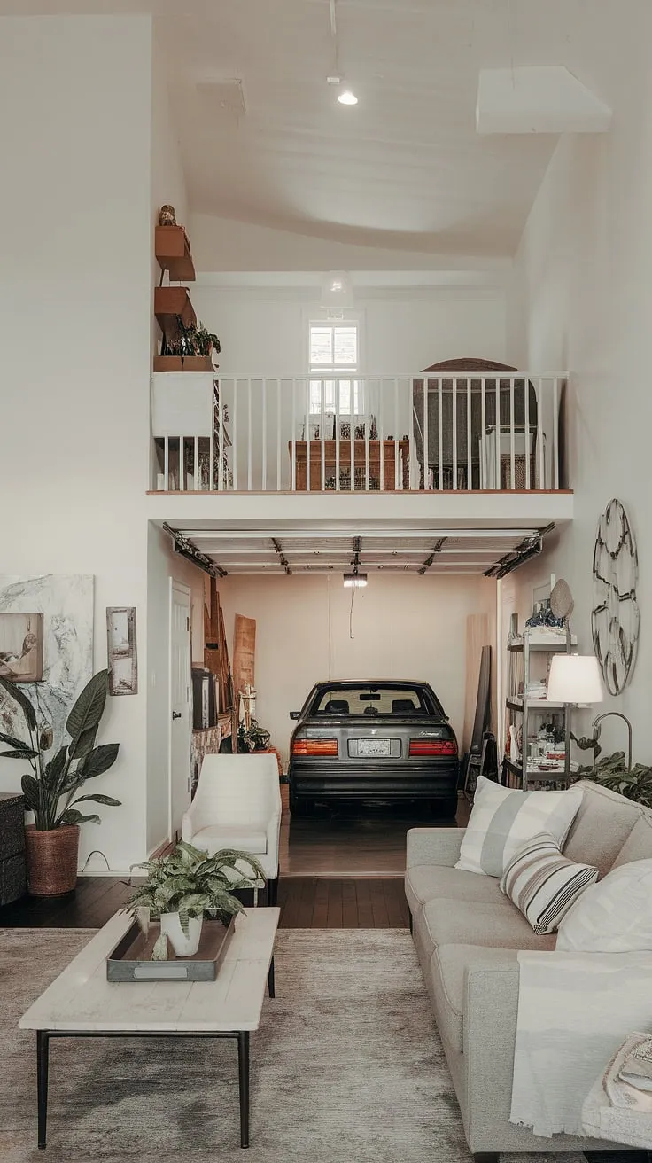 Sunlight streams into this bright living room, seamlessly connected to a quarter garage—a clever garage loft apartment design. Garage renovation ideas at their finest, showcasing smart garage plans and the potential of a carriage house garage or even a garage guest house. The high ceilings and porte cochere hint at the possibilities of carriage house plans and garage loft living.