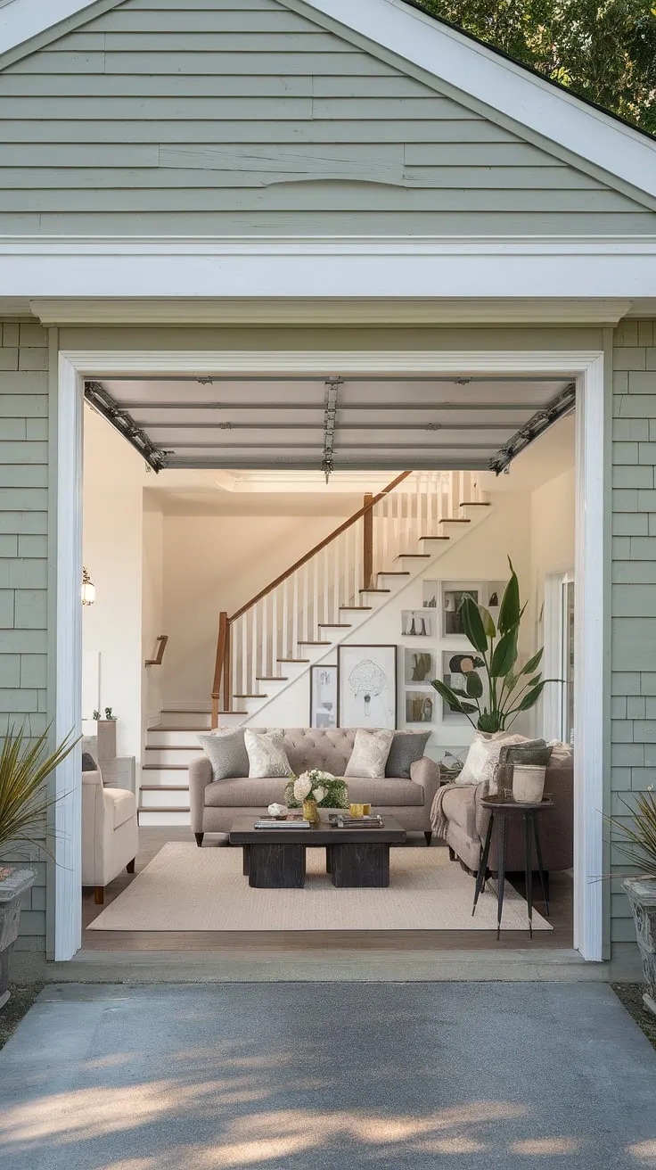 This carriage house garage conversion is a testament to creative garage renovation.  The garage plans cleverly incorporated a loft area, creating a spacious garage loft apartment perfect for guests or extra living space.  The resulting living room quarter garage is both stylish and functional, featuring a comfortable seating area and a touch of greenery. The addition of a porte cochere elevates the exterior, completing this stunning garage guest house. Explore carriage house plans for similar design inspiration.