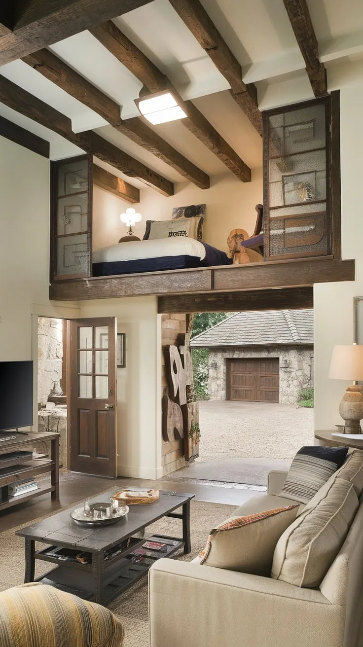 Rustic charm meets modern convenience in this unique living space.  The open-plan living room flows seamlessly into a quarter garage, cleverly transformed into a garage loft apartment complete with a cozy bed and workspace.  This inspiring garage renovation showcases the potential of creative garage plans, offering a versatile garage guest house solution. The porte cochere adds a touch of elegance, while the exposed beams and stone walls maintain the original character.  Consider these carriage house garage and carriage house plans for your own dream space.