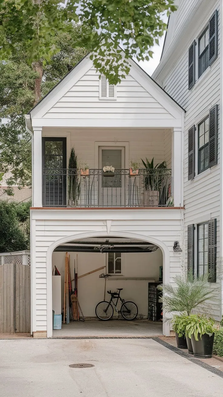 Dreamy garage loft apartment above a spacious carriage house garage, featuring a private balcony and a porte cochere. Explore garage plans and carriage house plans to create your own garage loft living space. Consider a garage renovation or garage addition to achieve this unique living room quarter garage design.