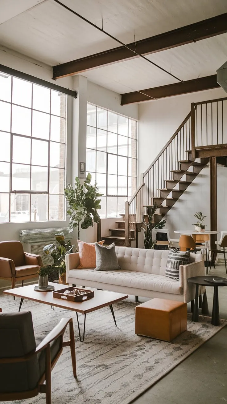This living room quarter garage, nestled within a stunning garage loft apartment, proves that garage renovation can create breathtaking spaces. The high ceilings, exposed beams, and natural light showcase the potential of garage plans, even transforming a carriage house garage into a luxurious garage guest house. Consider carriage house plans for your own unique space.