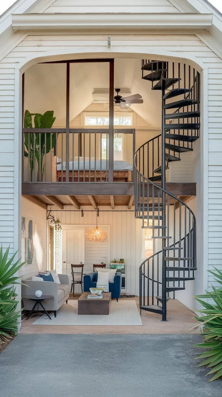 From forgotten garage to stunning garage loft apartment: This living room quarter garage transformation, complete with a porte cochere and spiral staircase, showcases the potential of creative garage renovation.  Explore the possibilities of garage plans and carriage house plans for your own unique garage guest house or garage addition.