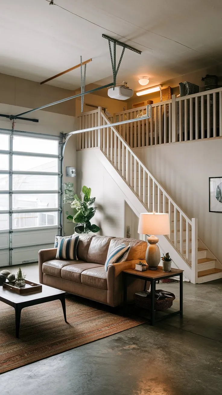 From garage plans to a breathtaking garage loft apartment, this living room quarter showcases the potential of a garage renovation.  The industrial chic of the exposed concrete floor and garage door beautifully contrasts with the comfortable furnishings, transforming this former carriage house garage into a stylish garage guest house.  Consider this a compelling example of how garage addition and smart design can create a truly unique living space, perhaps even inspiring your own carriage house plans.  A porte cochere would certainly add to the charm, but the current design is already captivating.