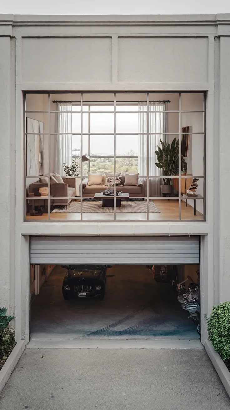 This garage loft apartment boasts a breathtaking living room overlooking its own private carriage house garage.  The porte cochere adds a touch of elegance to the garage renovation, while the expansive window floods the space with natural light.  From garage plans to garage guest house, this space perfectly exemplifies the potential of a garage addition, proving that even a garage loft can be a luxurious and stylish living space.