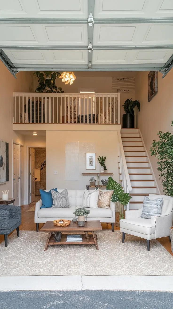 From garage to gorgeous: This living room quarter garage boasts a surprising amount of charm. The garage loft apartment features smart garage plans and a welcoming porte cochere. Perfect inspiration for your own garage renovation, garage addition, or even a carriage house garage conversion.