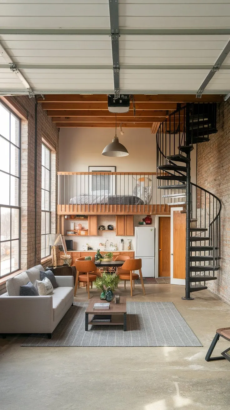 From forgotten garage to stunning living room quarter garage: This garage loft apartment, a testament to creative garage renovation, boasts exposed brick, wooden beams, and a spiral staircase leading to the loft. Garage plans like this transform unused space into a charming carriage house garage or even a garage guest house. Consider carriage house plans for your own unique space.