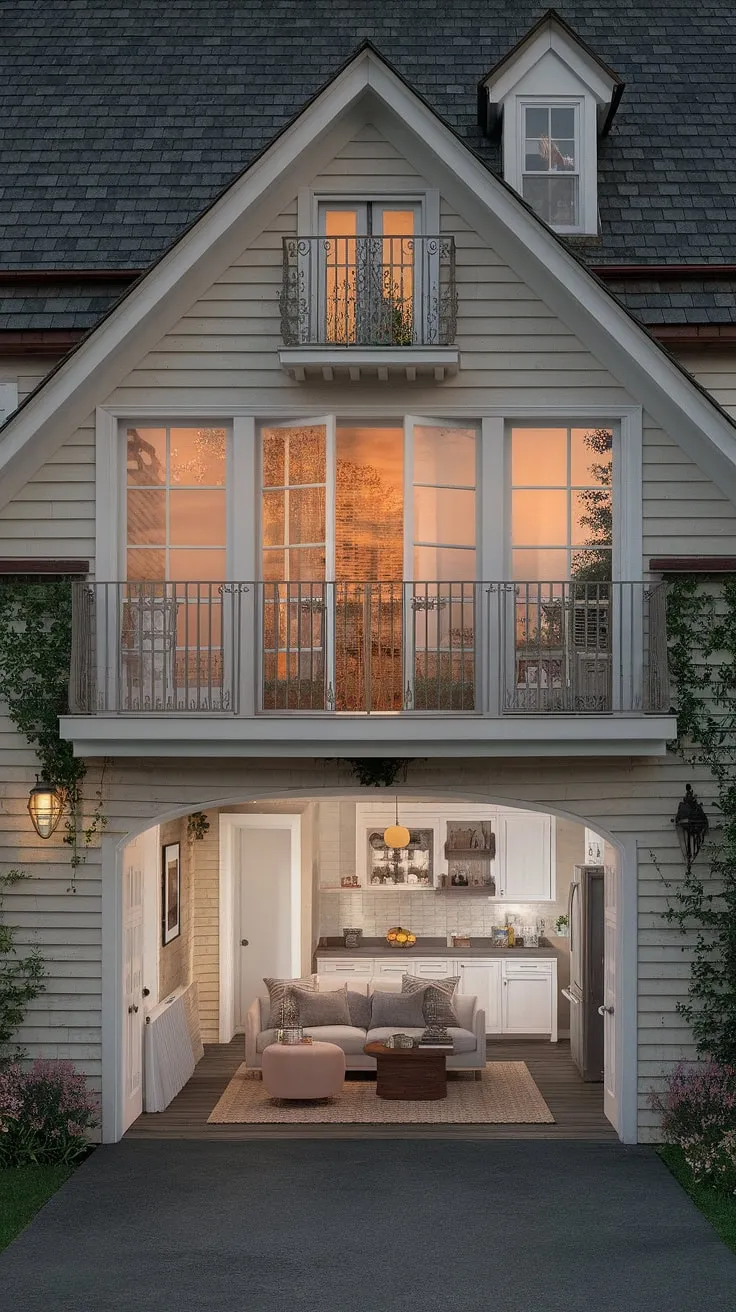 This garage loft, once a simple carriage house garage, now boasts a stunning living room quarter garage conversion. The garage renovation resulted in a delightful garage guest house, complete with a cozy living room, kitchen, and bedroom. The thoughtful garage plans, including the addition of a porte cochere, enhance the rustic appeal. Consider this inspiring example when exploring garage loft plans for your own property.