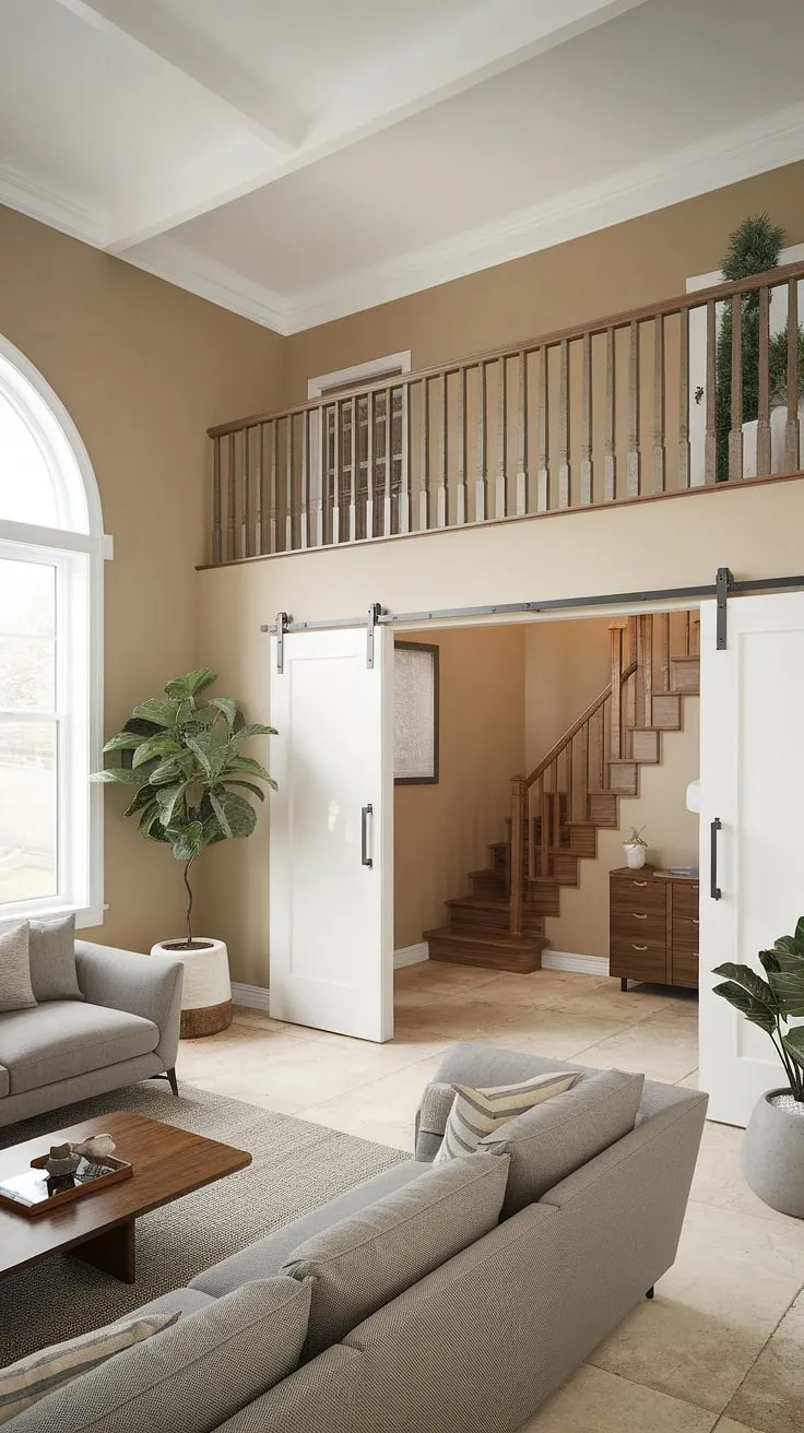 Open concept living meets ingenious storage: This living room quarter garage boasts a charming garage loft, accessible via a wooden staircase. Explore garage plans and carriage house plans for inspiration on creating your own garage loft. Imagine the possibilities of a garage guest house or a carriage house garage conversion. This garage renovation exemplifies smart space utilization, even with a porte cochere.