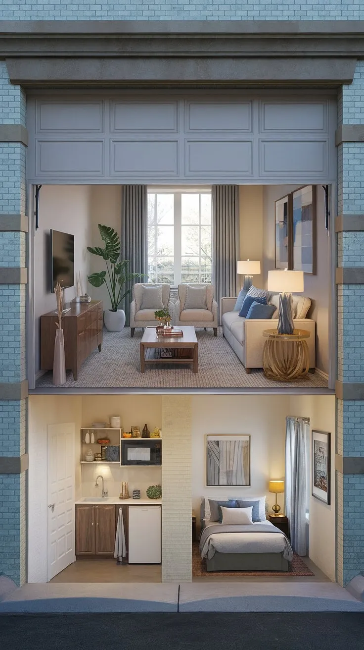 Sunlight streams into the cozy living room of this garage loft apartment, a clever garage renovation showcasing ingenious garage plans. The quarter garage conversion boasts a surprisingly spacious living area, complete with a kitchenette and bedroom, making it the perfect carriage house garage or garage guest house. The porte cochere adds a touch of elegance to this unique space, a testament to thoughtful carriage house plans and a successful garage addition.
