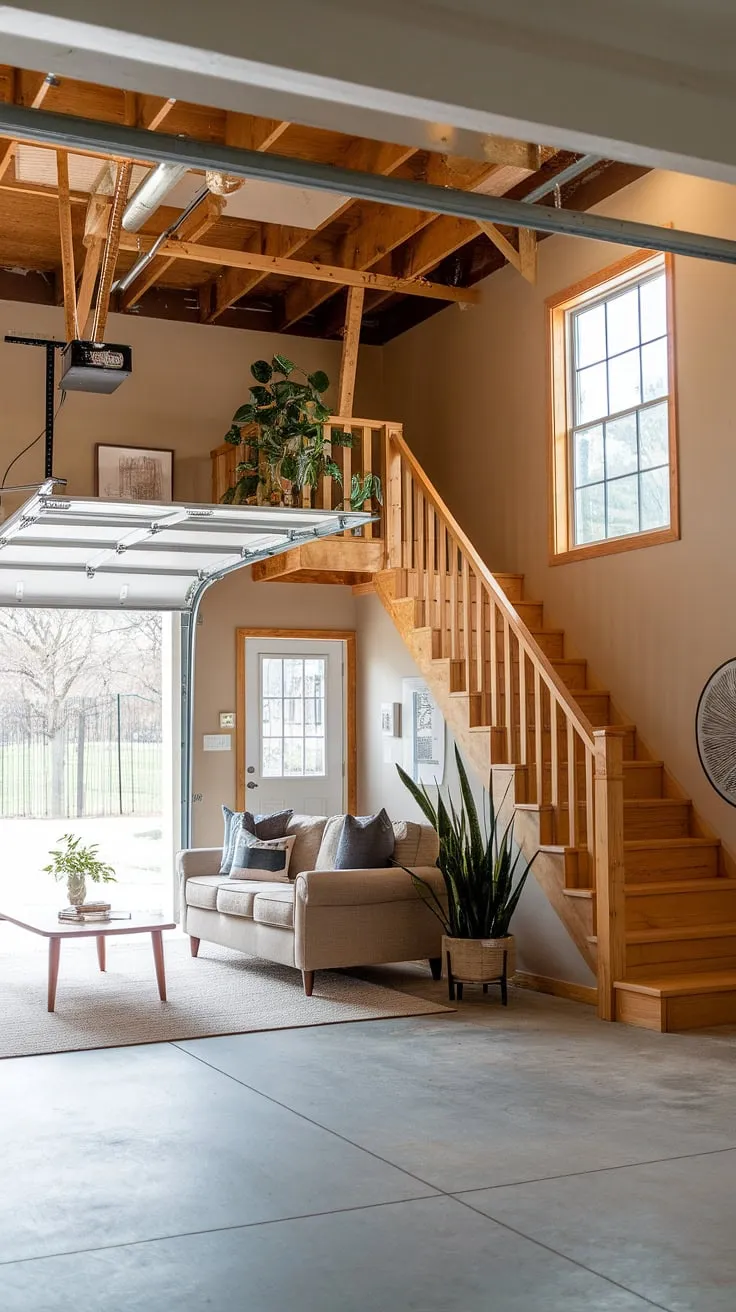 From garage to gorgeous: This living room quarter garage conversion showcases the potential of garage plans, transforming it into a stunning garage loft apartment. The exposed beams and concrete floor complement the cozy furniture, creating a unique garage guest house feel. Consider carriage house garage or carriage house plans for similar results. A porte cochere would be the perfect addition.