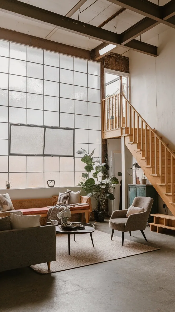 This garage loft apartment, once a humble quarter garage, now showcases a spacious and inviting living room. The garage renovation expertly utilizes exposed beams and a high ceiling to maximize the space, while a large frosted glass window floods the room with natural light. The comfortable furniture arrangement, including a sofa, chair, and coffee table, creates a welcoming atmosphere. The wooden staircase adds architectural interest, leading to another level in this charming garage guest house. This successful project demonstrates the potential of garage plans and carriage house plans, transforming a simple garage addition into a stylish and functional living space. Imagine the possibilities with your own garage loft!