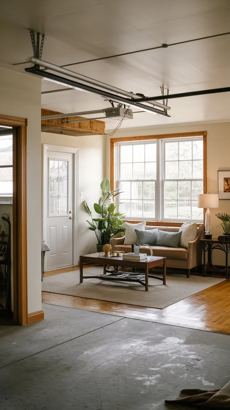 Transforming unused space into a stylish living room quarter garage; this garage loft apartment showcases clever garage renovation and design, perfect for garage plans or carriage house plans. A porte cochere would complete the look.