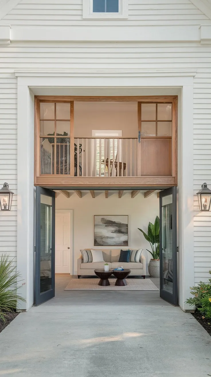 Transform your garage into a haven. This garage loft apartment's living room, a perfect example of smart garage plans, boasts a spacious feel within a unique carriage house garage. The porte cochere adds curb appeal to this garage guest house, a result of thoughtful garage renovation and garage addition. Explore the possibilities of a living room quarter garage.