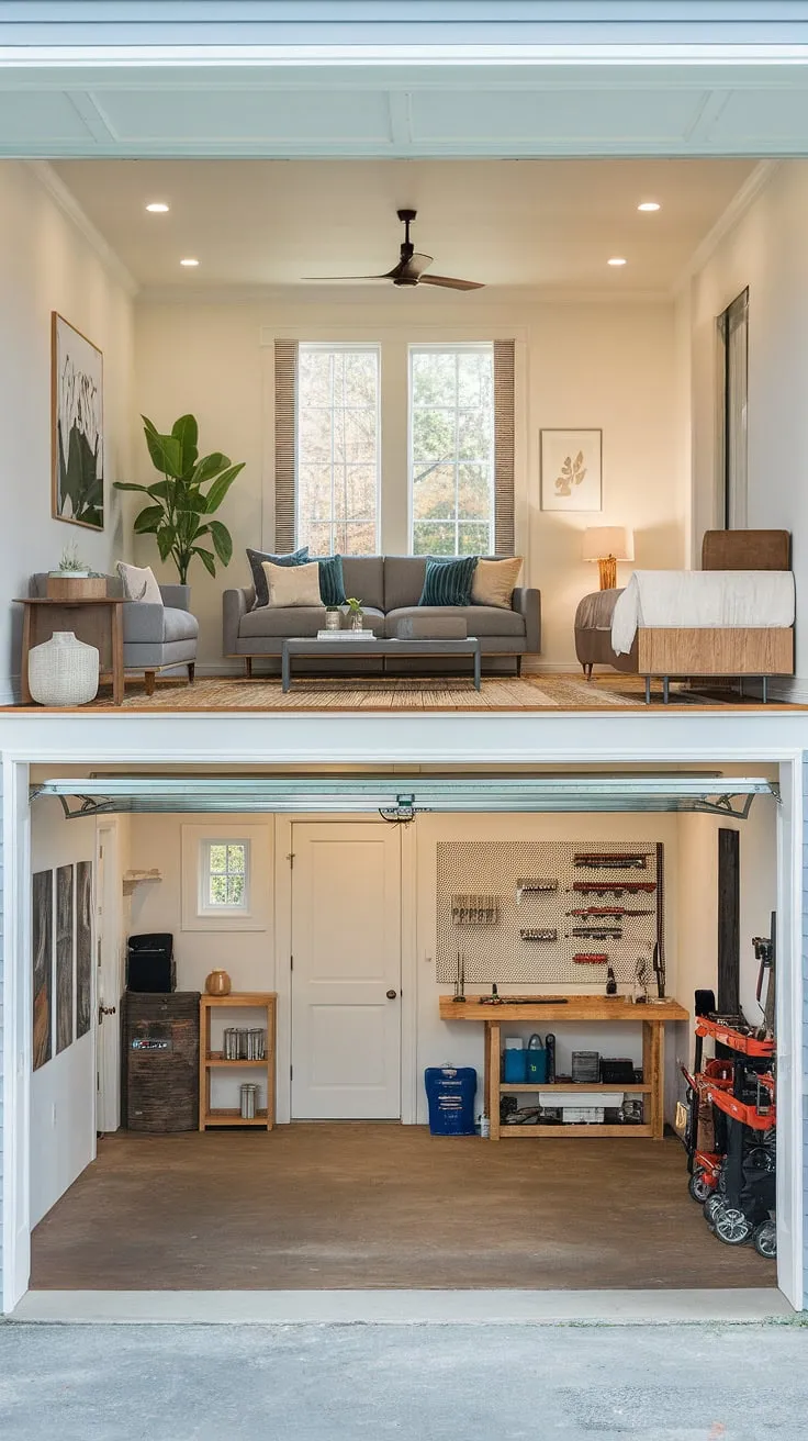 This stunning garage renovation transformed a humble carriage house garage into a spacious and stylish garage loft apartment. The garage addition now boasts a comfortable living room quarter, complete with a cozy sofa and ample natural light, overlooking a well-equipped workshop area below. Upstairs, a charming bedroom offers a peaceful retreat. Clever garage plans maximized space, resulting in a functional and inviting guest house, all accessed via a charming porte cochere. The wooden floors and white walls create a bright and airy atmosphere, showcasing the success of this impressive garage loft conversion.