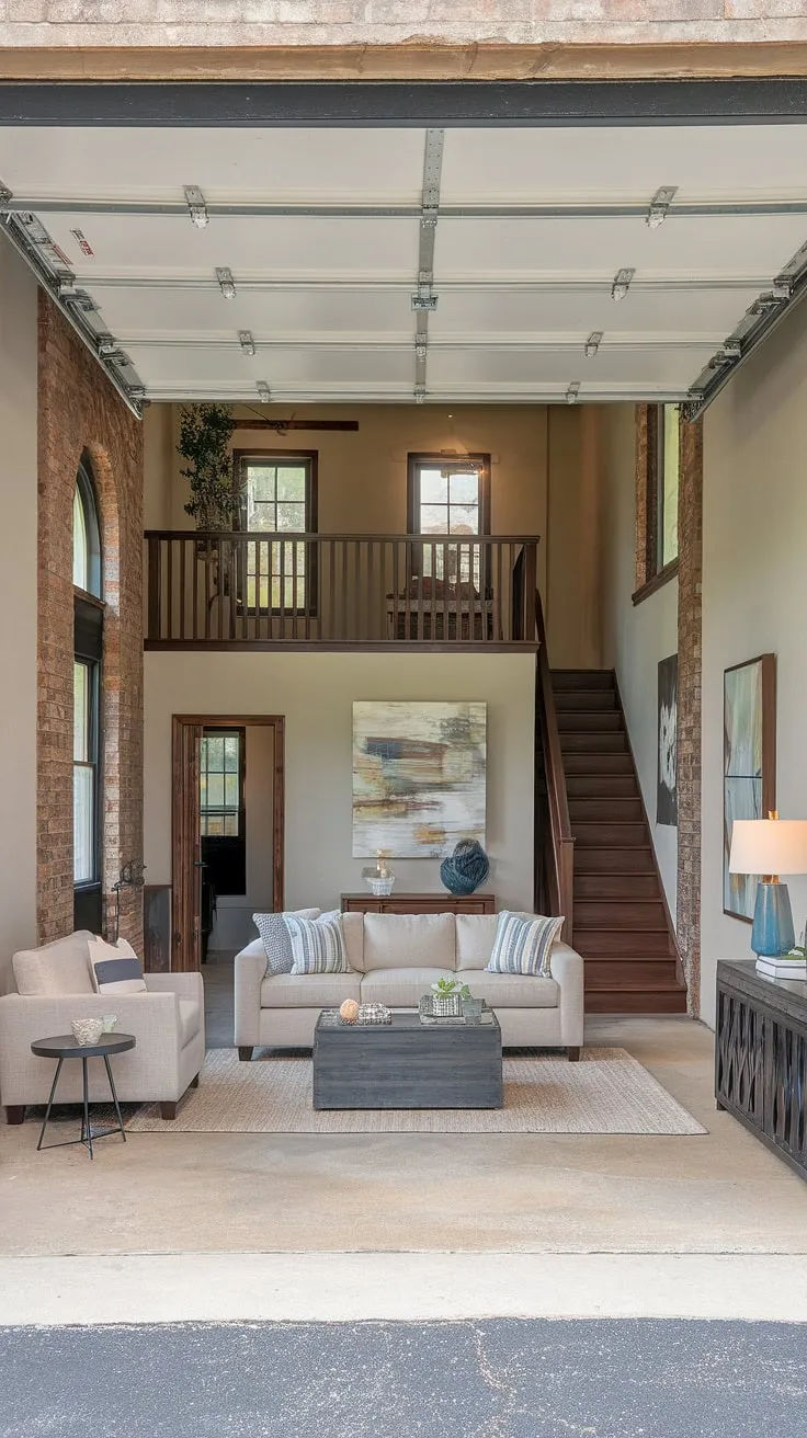 From humble garage to stunning garage loft apartment: this living room, nestled within a quarter garage, proves that even the most unexpected spaces can be transformed.  The exposed brick walls, concrete floor, and convenient porte cochere add to the charm.  This garage renovation is a masterclass in design, showcasing the potential of garage plans and the allure of a carriage house garage or garage guest house.  Explore garage loft ideas and garage addition possibilities for your own project.