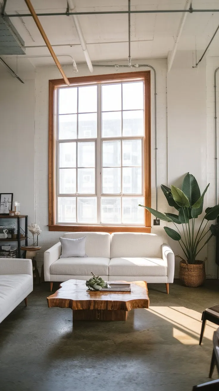 From garage to gorgeous: this garage loft living room is a testament to the potential of garage renovation.  The exposed pipes and concrete floor are balanced beautifully by the modern white sofa and wooden coffee table, creating a unique and inviting space.  This garage loft, perfect for those exploring garage plans, carriage house garage ideas, or garage guest house options, is a dream come true.  Whether you're considering carriage house plans or a garage addition, this inspiring transformation shows how a little vision can turn a simple garage into a stunning living room quarter. The large window and high ceilings add to the overall charm, making this garage loft apartment a truly special place.