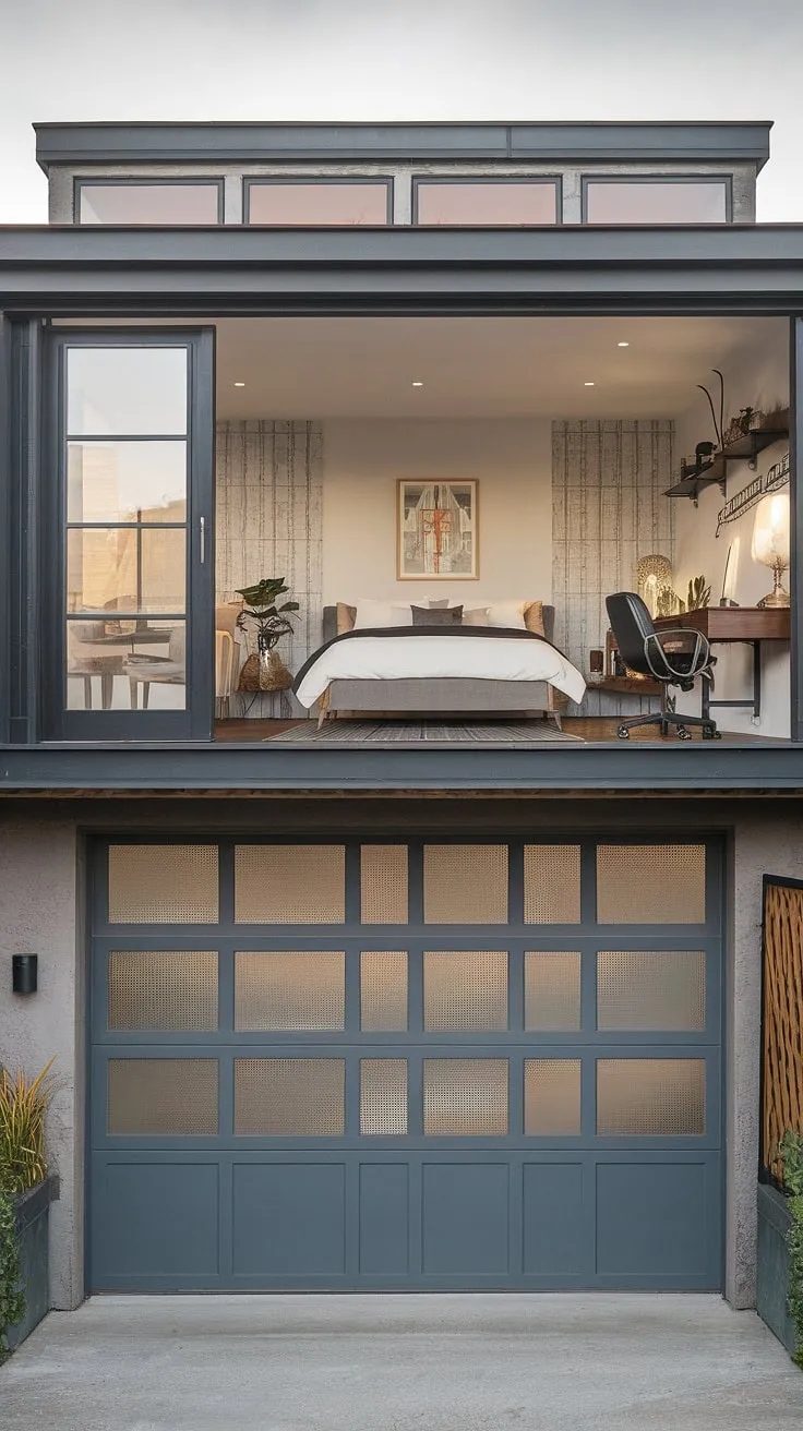 This stunning living room seamlessly flows into a quarter garage, cleverly transformed into a modern garage loft apartment.  Complete with a queen bed, desk, and chair, this garage renovation showcases innovative garage plans, creating a unique carriage house garage and guest house all in one. The new door and porte cochere add a touch of elegance, while the flat roof and windows of the garage addition complement the industrial aesthetic.  Consider these carriage house plans for your own space.