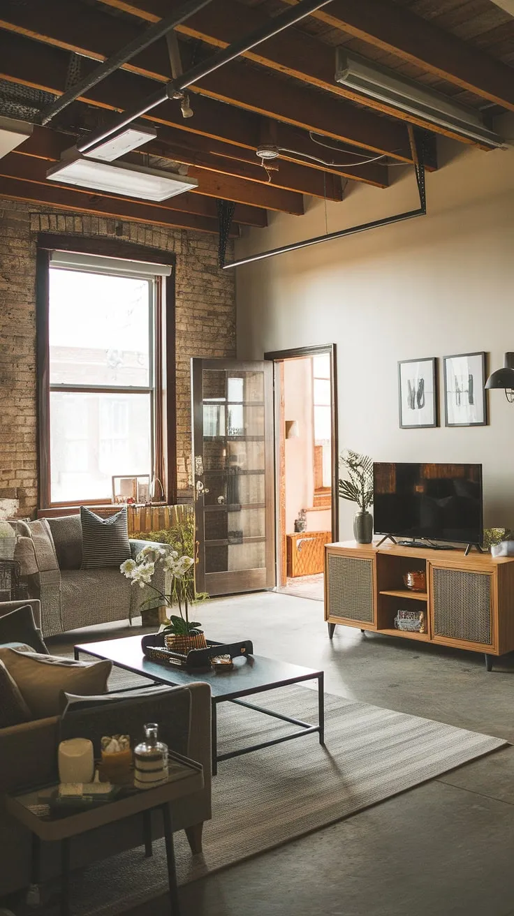 This quarter garage loft apartment proves that big living doesn't require big space.  Exposed brick, wooden beams, and a concrete floor create rustic charm in this cozy living room, showcasing the potential of garage renovation and smart garage plans.  Imagine the possibilities with your own carriage house garage or garage guest house—even a porte cochere could complement this style.