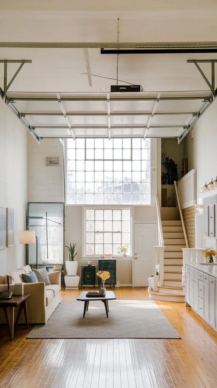 From forgotten garage to stunning garage loft apartment: This living room quarter garage transformation showcases the potential of creative garage plans.  The high ceilings and large window flood the space with light, creating a bright and airy living area.  Consider this inspiration for your own carriage house garage or garage guest house project; even carriage house plans could incorporate this loft-style design.  This garage renovation is a testament to the possibilities of a garage addition, maximizing space and style.  Imagine relaxing in this unique space, perhaps after arriving under your own porte cochere.