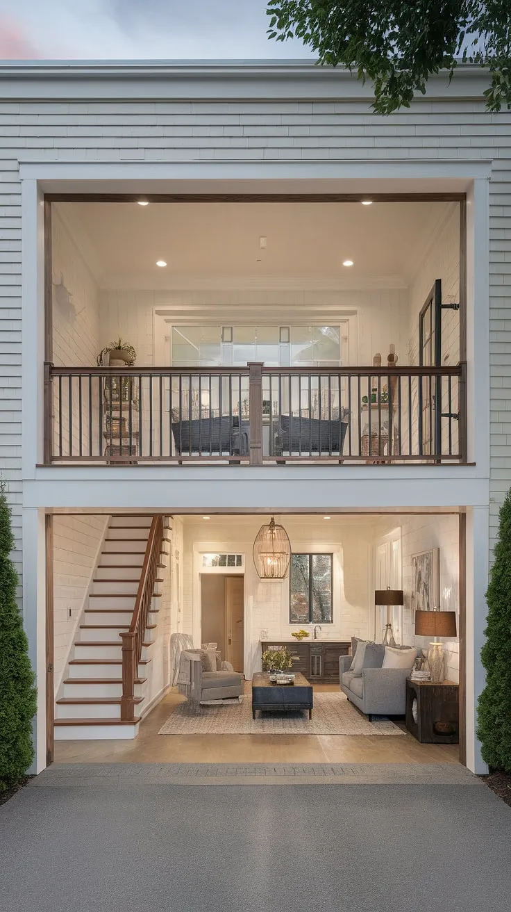This carriage house garage has been reborn!  A breathtaking garage loft apartment now occupies this space, featuring a charming living room, kitchen, and bathroom.  The porte cochere adds a touch of elegance to this garage renovation project.  Consider these garage plans and carriage house plans as inspiration for your own garage addition or garage loft.