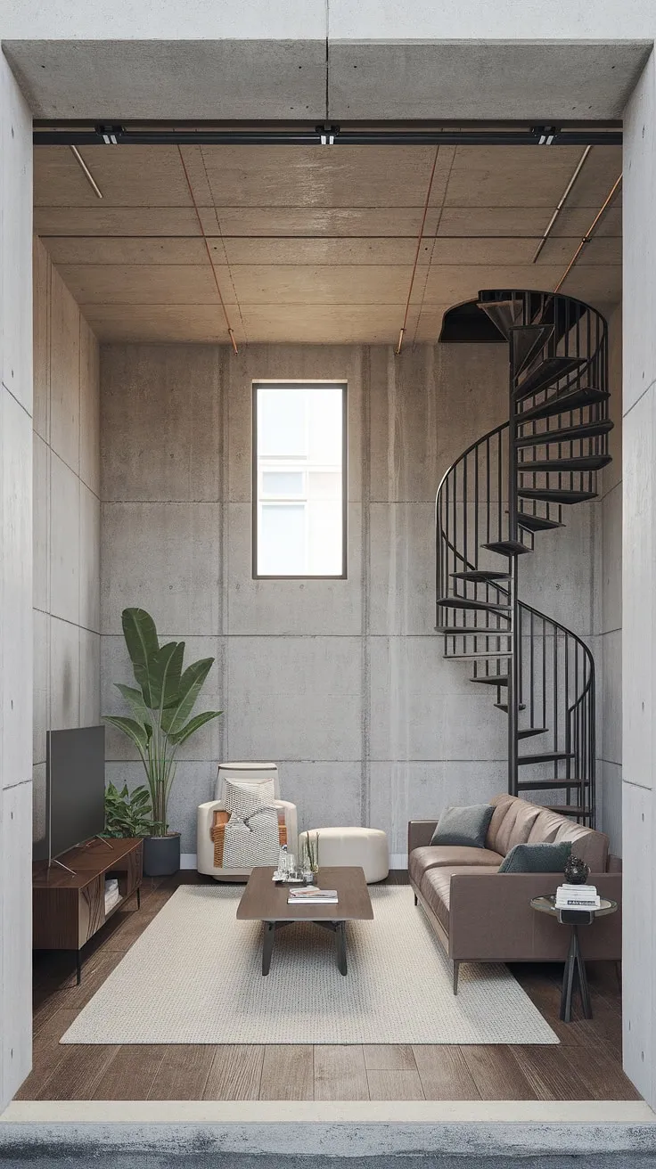 This quarter garage loft apartment, a testament to clever garage renovation, boasts a surprisingly spacious living room.  The exposed concrete and rebar, a nod to its industrial past, contrast beautifully with the warm wood floors.  The spiral staircase leading to the loft and the charming porte cochere complete this unique carriage house garage conversion.  Garage plans for similar projects should definitely include this level of design ingenuity.  This garage guest house is a dream come true, a perfect blend of rustic charm and modern comfort.