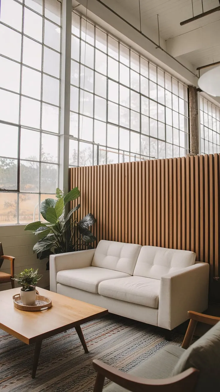 This quarter garage loft apartment proves that even a small space can feel expansive.  The high ceilings, large windows, and clever use of a slatted wooden wall divider create a surprisingly spacious and stylish living room.  From garage renovation to dream living space, this conversion showcases the potential of garage plans and carriage house garage designs.  Consider this inspiration for your own garage loft or garage guest house, perhaps even incorporating a porte cochere for added charm.
