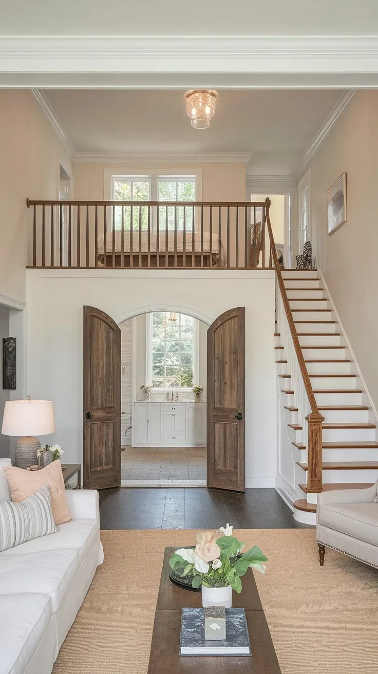 This stunning renovation seamlessly blends modern living with historical charm.  The living room flows effortlessly into a quarter garage, now a fully realized garage loft apartment complete with bedroom, bathroom, and kitchenette.  Clever garage plans transformed this space, creating a unique garage guest house with its own private entrance via the porte cochere connecting to the carriage house.  The wooden staircase leading to the loft is a beautiful detail, showcasing the thoughtful garage renovation and garage addition.  Consider these carriage house plans for your own inspiring transformation.