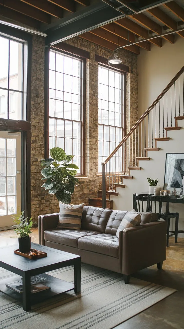 This quarter garage loft apartment boasts a surprisingly spacious living room, showcasing the potential of clever garage renovation and garage plans.  The exposed brick and wooden beams add rustic charm, while the large windows and access to the outdoors via a door create a bright and airy feel.  Consider this a testament to the possibilities of carriage house garage conversions or even a garage guest house, perhaps even incorporating a porte cochere for added elegance.  These garage loft plans offer a unique blend of industrial chic and comfortable living.