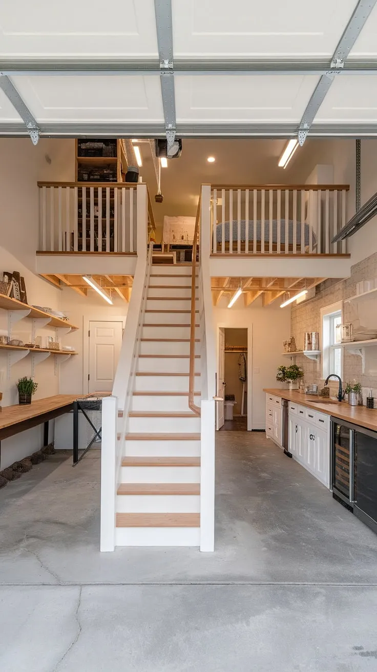 This garage renovation is a masterclass in maximizing space.  A former garage now boasts a spacious living room, a cozy garage loft apartment accessed by a stylish staircase, and a practical workbench area.  This garage loft is the perfect example of how smart garage plans can create a functional and stylish garage guest house.  Explore the potential of your own carriage house garage or consider a garage addition with a porte cochere for a truly unique living space.