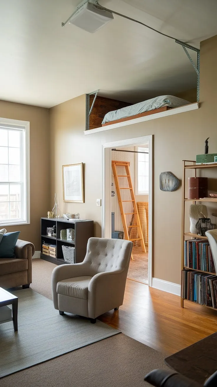 Imagine the possibilities: a cozy living room flowing effortlessly into a surprisingly spacious garage loft apartment. This garage renovation expertly utilizes a quarter garage design, creating a unique garage guest house.  Explore garage plans and carriage house plans for inspiration to build your own dream space.  The garage loft is a testament to creative garage addition ideas, maximizing functionality and style.  The subtle porte cochere element elevates the overall aesthetic.