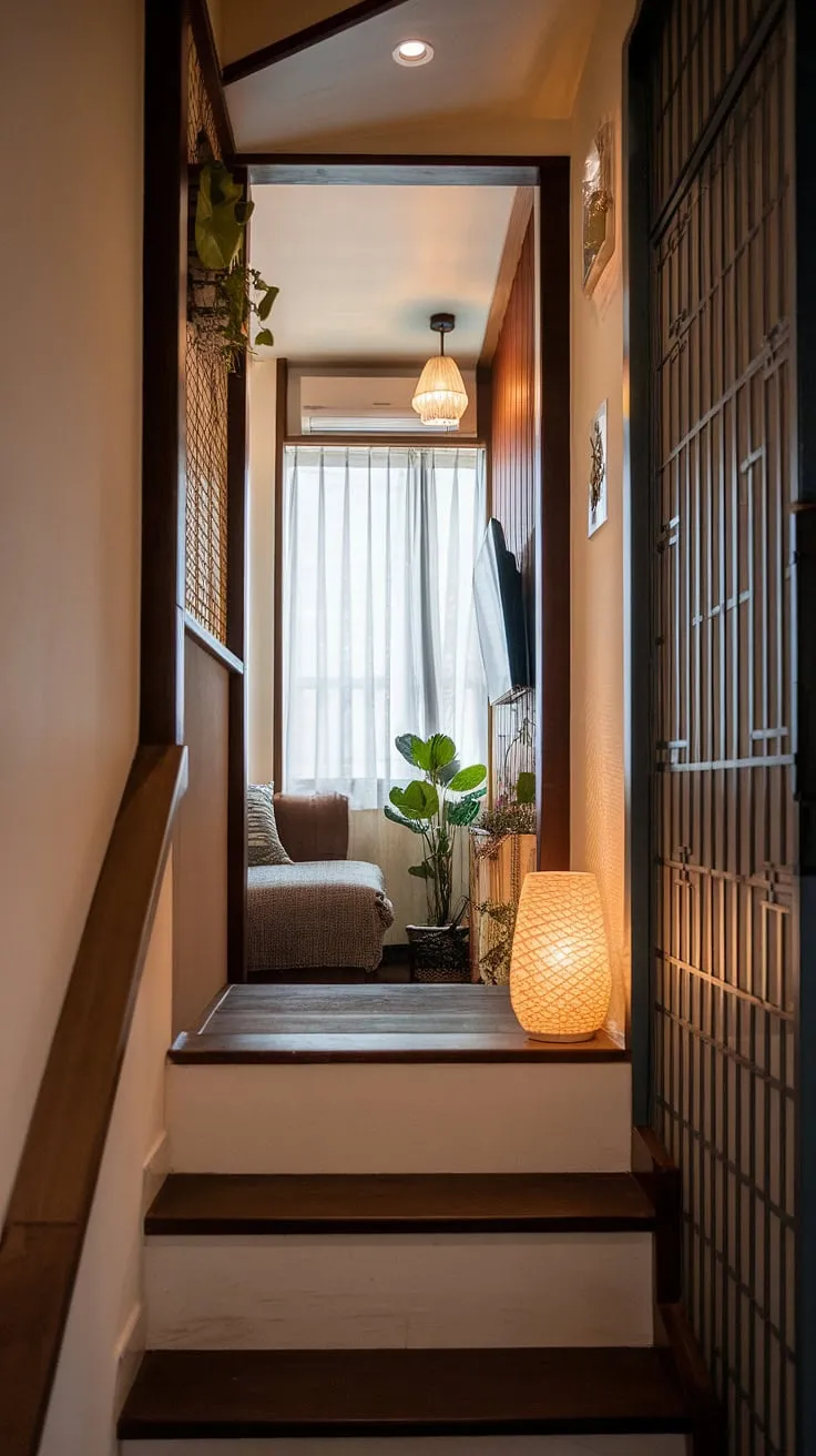 Cozy Japandi haven: This small living room staircase cleverly integrates a snug tv room, showcasing ingenious narrow tv room ideas and small tv room design ideas. Perfect for those seeking media lounge room ideas or small tv room layout inspiration, this space proves that even a narrow media room can be a captivating japandi movie room.
