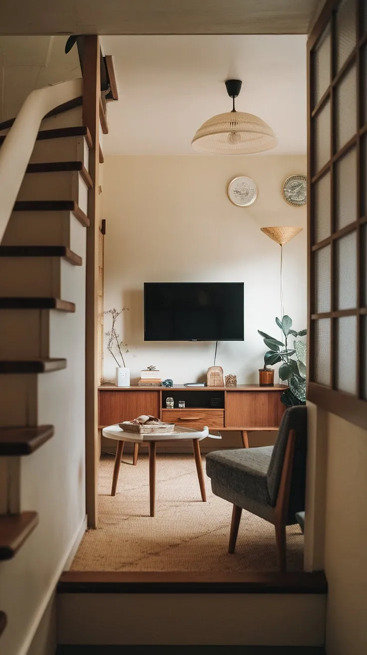 This small tv room design proves that less is more.  The Japandi movie room features a narrow staircase, seamlessly integrated into the small tv room layout.  Discover inspiring narrow tv room ideas and snug tv room ideas in this space, which expertly balances functionality and aesthetics.  Perfect for those seeking tv lounge ideas and media lounge room ideas, this living room staircase adds a unique touch to this narrow media room.  Explore the possibilities of small tv room ideas in this beautifully curated space.