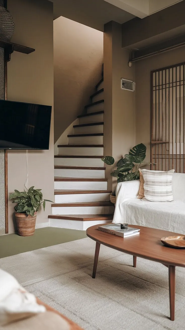 This Japandi living room staircase cleverly incorporates a snug TV area, showcasing smart small tv room ideas.  The narrow media room design maximizes space, offering inspiring tv lounge ideas and media lounge room ideas for a cozy yet stylish movie room.  Perfect examples of narrow tv room ideas and small tv room layout solutions.
