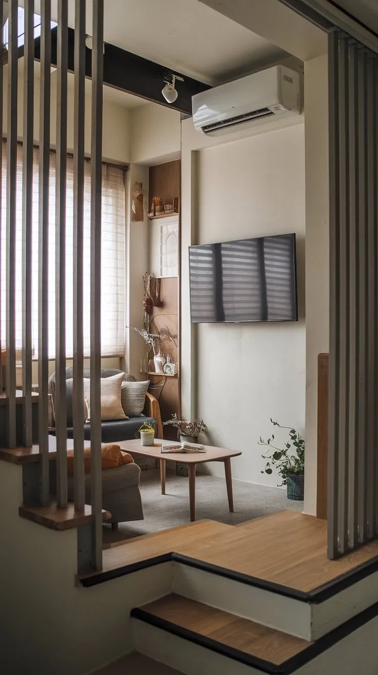 Cozy Japandi movie room goals! This small tv room layout maximizes space with a clever design, proving that even a narrow media room can be a stunning and snug tv room.  Perfect for those seeking small tv room ideas or tv lounge ideas, this living room staircase setup offers a unique and stylish media lounge room ideas.