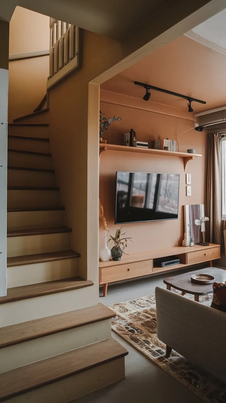 Transforming a narrow media room into a haven of calm? This living room staircase cleverly divides the space, creating a dedicated Japandi movie room.  Discover small tv room ideas that are both stylish and functional, with this small tv room design ideas example showcasing the perfect blend of Scandinavian and Japanese aesthetics in our tv lounge ideas.  This snug tv room ideas setup proves that size isn't everything when it comes to creating the ultimate media lounge room.
