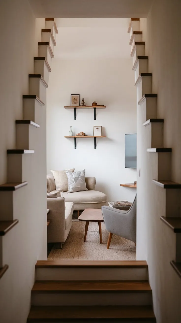 This Japandi-inspired snug tv room seamlessly blends comfort and style.  Clever use of space transforms a narrow media room into a cozy haven, perfect for movie nights.  These small tv room ideas showcase how a thoughtful small tv room layout and narrow tv room ideas can create a functional and aesthetically pleasing living room staircase design.  The result?  A stunning example of tv lounge ideas and media lounge room ideas, proving that even a small tv room design ideas can be both chic and inviting.
