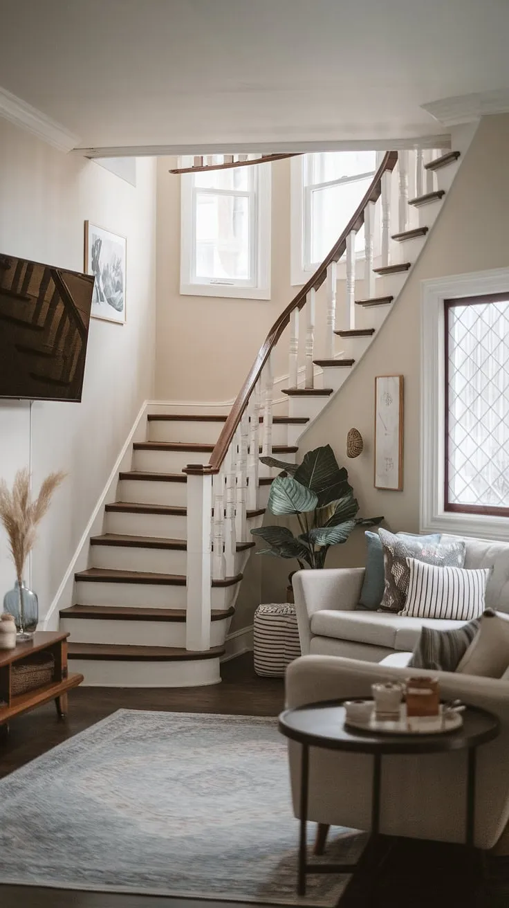 Maximize your space with these small tv room ideas! This Japandi-inspired narrow media room showcases clever small tv room layout and design, transforming a small area into a functional and aesthetically pleasing japandi movie room.  The living room staircase adds architectural interest to this snug tv room, offering unique tv lounge ideas for a truly relaxing media lounge room.
