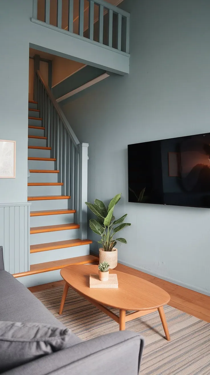 Escape to tranquility in this Japandi movie room.  The snug tv room layout, complete with a living room staircase leading to a loft, maximizes space and style.  Perfect examples of narrow tv room ideas and small tv room design ideas, this media lounge room showcases how to create a cozy and functional small tv room layout in a narrow media room.  These small tv room ideas prove that even limited space can offer a luxurious and relaxing tv lounge experience.